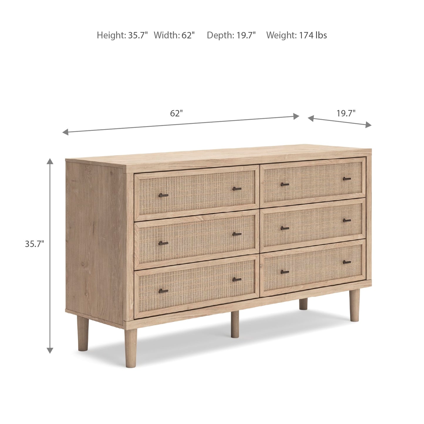 Signature Design by Ashley Cielden 6 Drawer Dresser, Quick 10-Minute Assembly, Textured Cane Details, Coastal Modern Bedroom Storage, Light Brown Two-Tone