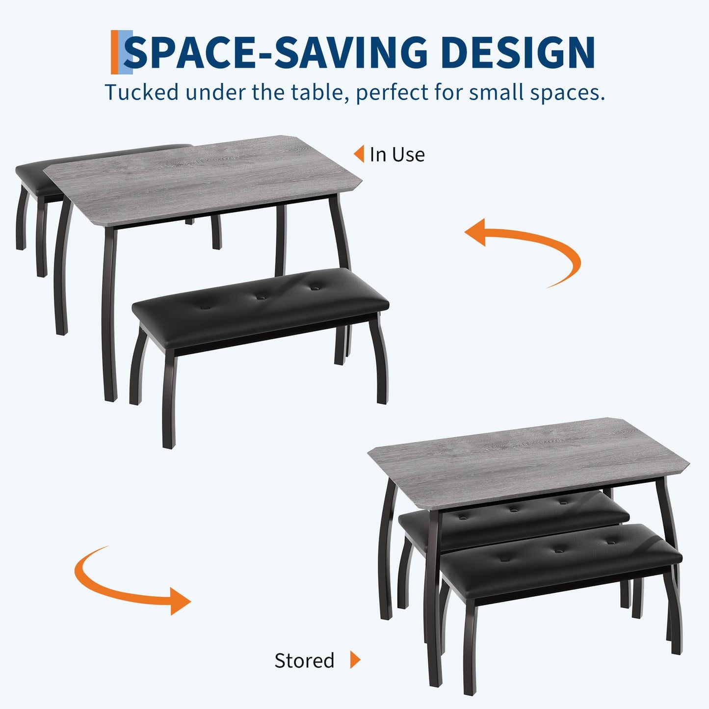 Garvee Dining Table for 4, 3-Piece Kitchen Table Set with Wooden Tabletop and Metal Frame, Industrial Retro Kitchen Table with 2 PU Leather Benches for Bar, Dining Room, Restaurant- Grey