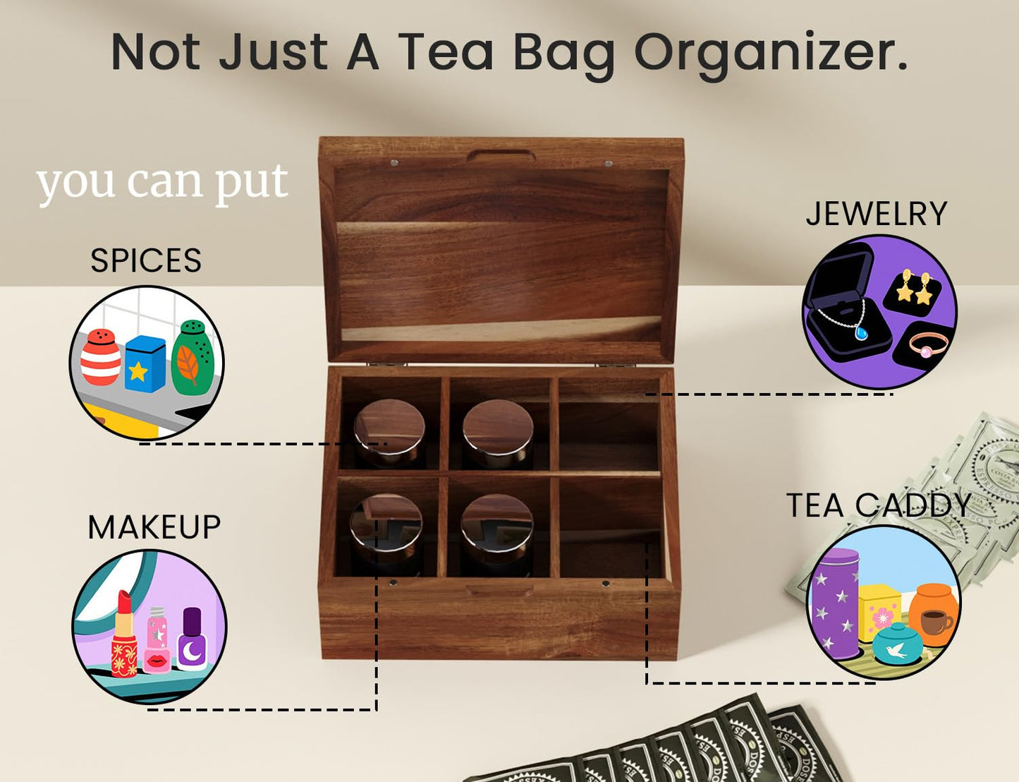 Danfoxer Acacia Wood Tea Bag Organizers, Tea and Sugar Packet Storage Chest with Lid, Wooden Teabag Holder Containers,Storage Box Teabox with 6 Compartments