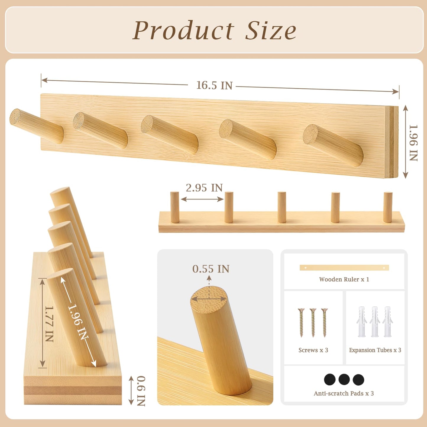 HOMEBROS Coat Rack Wall Mount, Wooden Coat Hanger with 5 Hooks, Heavy Duty, Natural, 2 Pcs