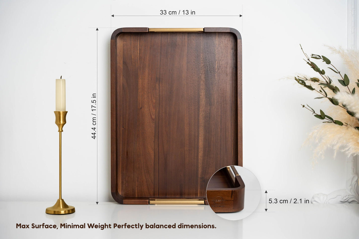 SARA NEST Premium Acacia Wooden Decorative Serving Tray with Gold-Tone Aluminum Handles, Versatile Serving Tray for Ottoman, Coffee Table, Living Room, Kitchen, Designed for Organizing & Home Decor