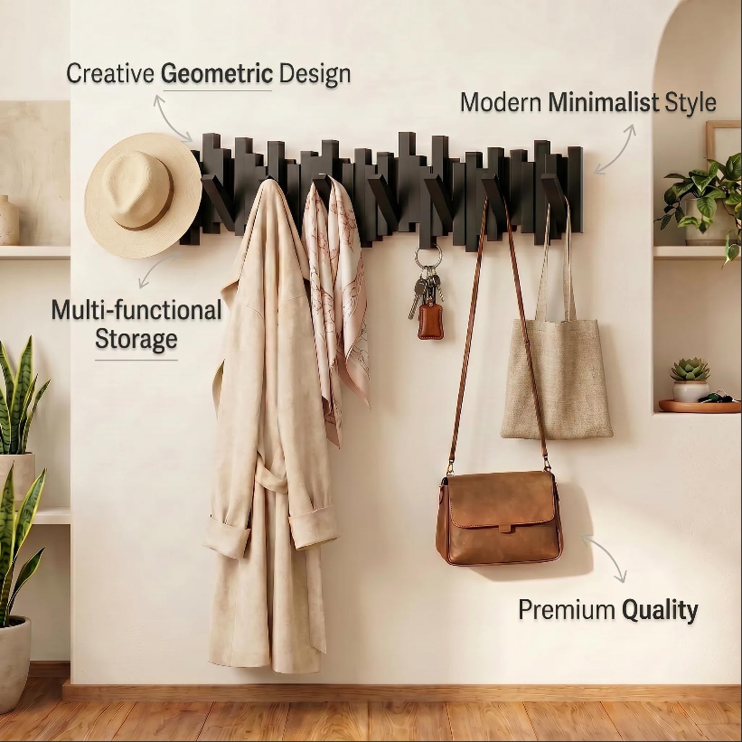 BWCXR Wall Mounted Wooden Coat Rack with Flip-Down Piano Key Hooks, Hardwood Heavy Duty Wall Hook Rack with Hidden Mount for Entryway, Coats, Bags & Hats, Walnut Wood with 8 Hooks