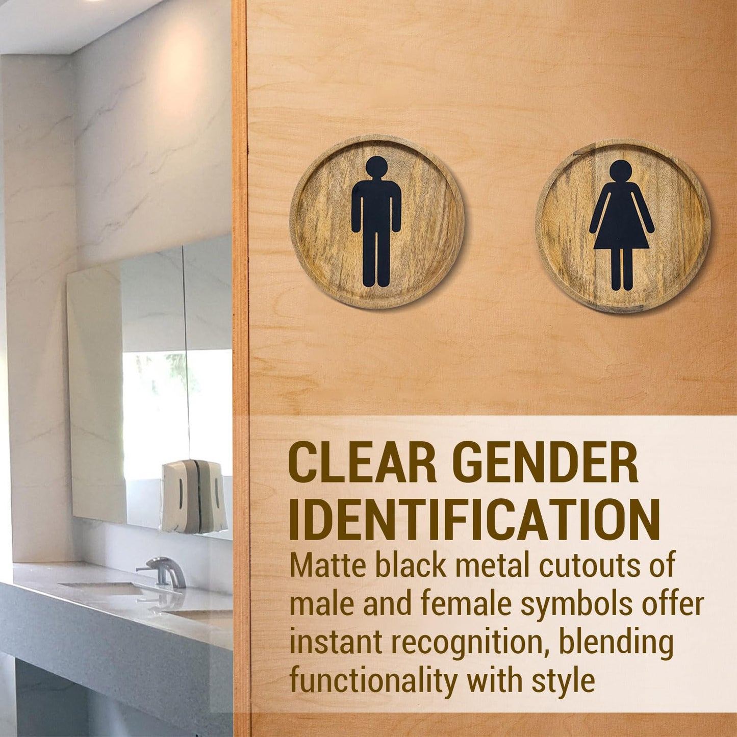 MyGift 10 Inch Round Rustic Solid Mango Wood Wall Hanging Mens and Womens Bathroom Signs with Matte Black Metal Cutout Male Female Gender Symbols, 2 Piece Set - Handcrafted in India