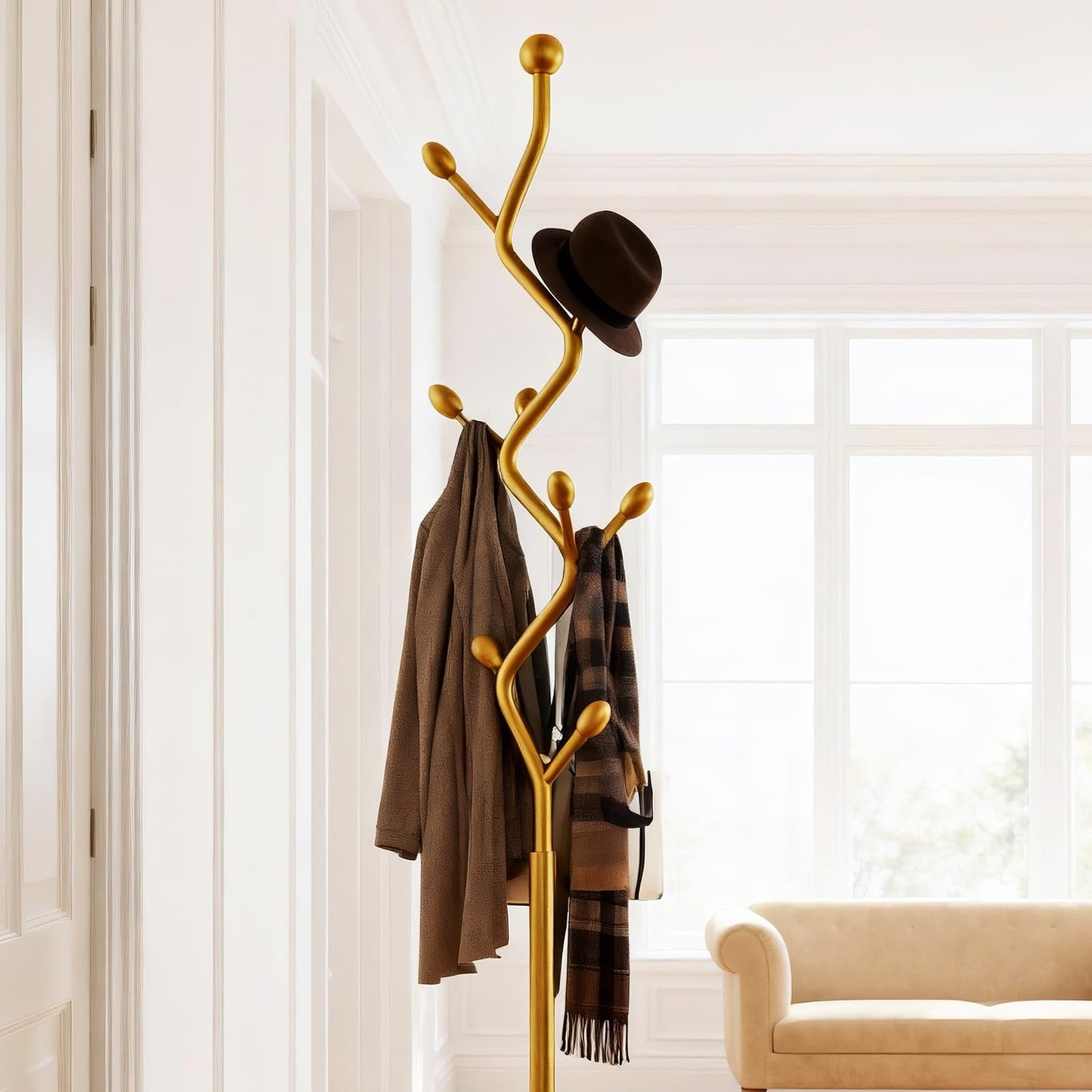 ZEYEXE Gold coat rack,Coat Tree Freestanding heavy duty with 8 Hooks and Sturdy Metal Base for Coat Hats Purses,Tree-shaped Coat Stand for Entryway,Bedroom