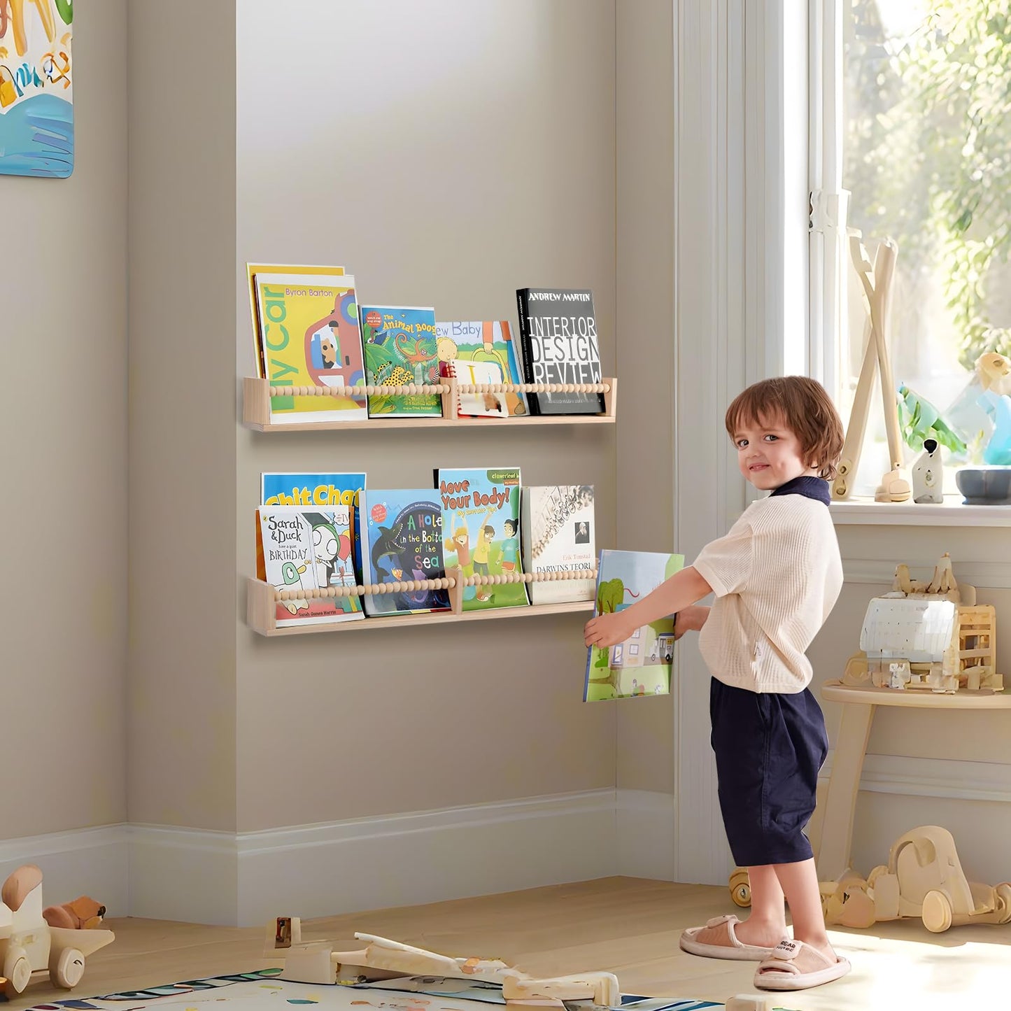TUEGEGNS Nursery Book Shelves - Wall Mounted Set of 2, 32 inches Wooden Floating Bookshelves for Kids' Room and Study Room