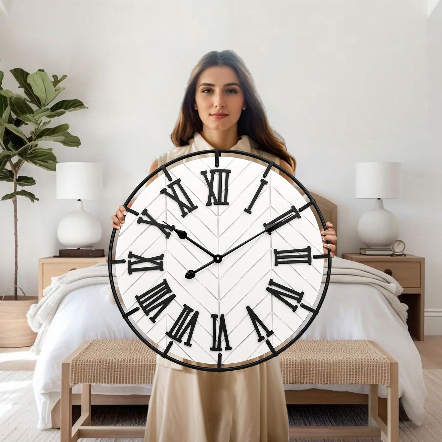 EMAX HOME 24 Inch Large Wooden Wall Clock – Extra Large Farmhouse Wall Clock with 3D Roman Numerals, Modern White Round Wood & Metal Clock for Living Room, Silent & Accurate Timekeeping