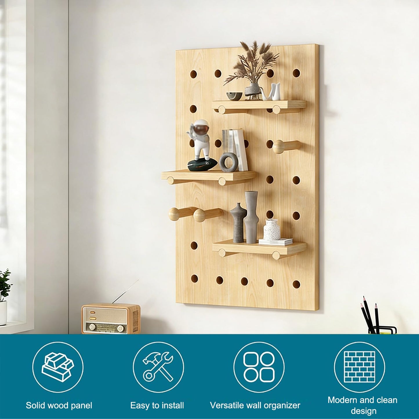 HJZALMI Wood Pegboard Wall Organizer, 40x60cm/15.7"x23.6", Beige