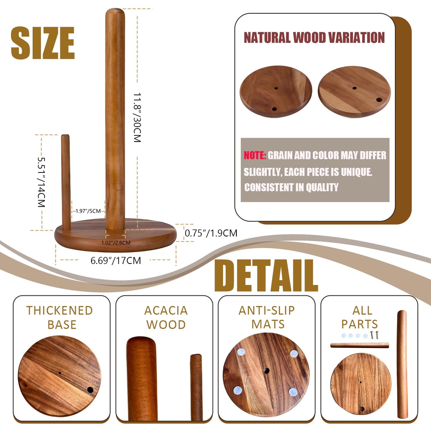 Onedeful Paper Towel Holder Countertop, Acacia Wood Kitchen Roll Holder with Anti-Slip Weighted Base, Paper Towel Stand for Kitchen Bathroom Dining Table Organize