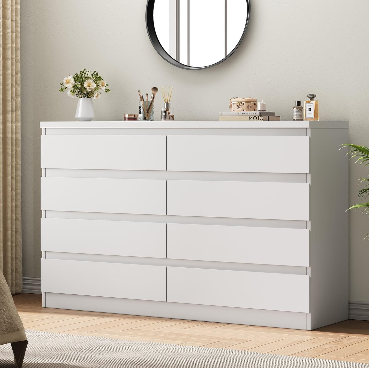 Jocoevol Modern White 8 Drawer Dresser for Bedroom, 15.3" D x 55.2" W x 32.3" H Simply Chest of Drawers, Wood Storage Dresser with Deep Drawers for Living Room Hallway Entryway, White