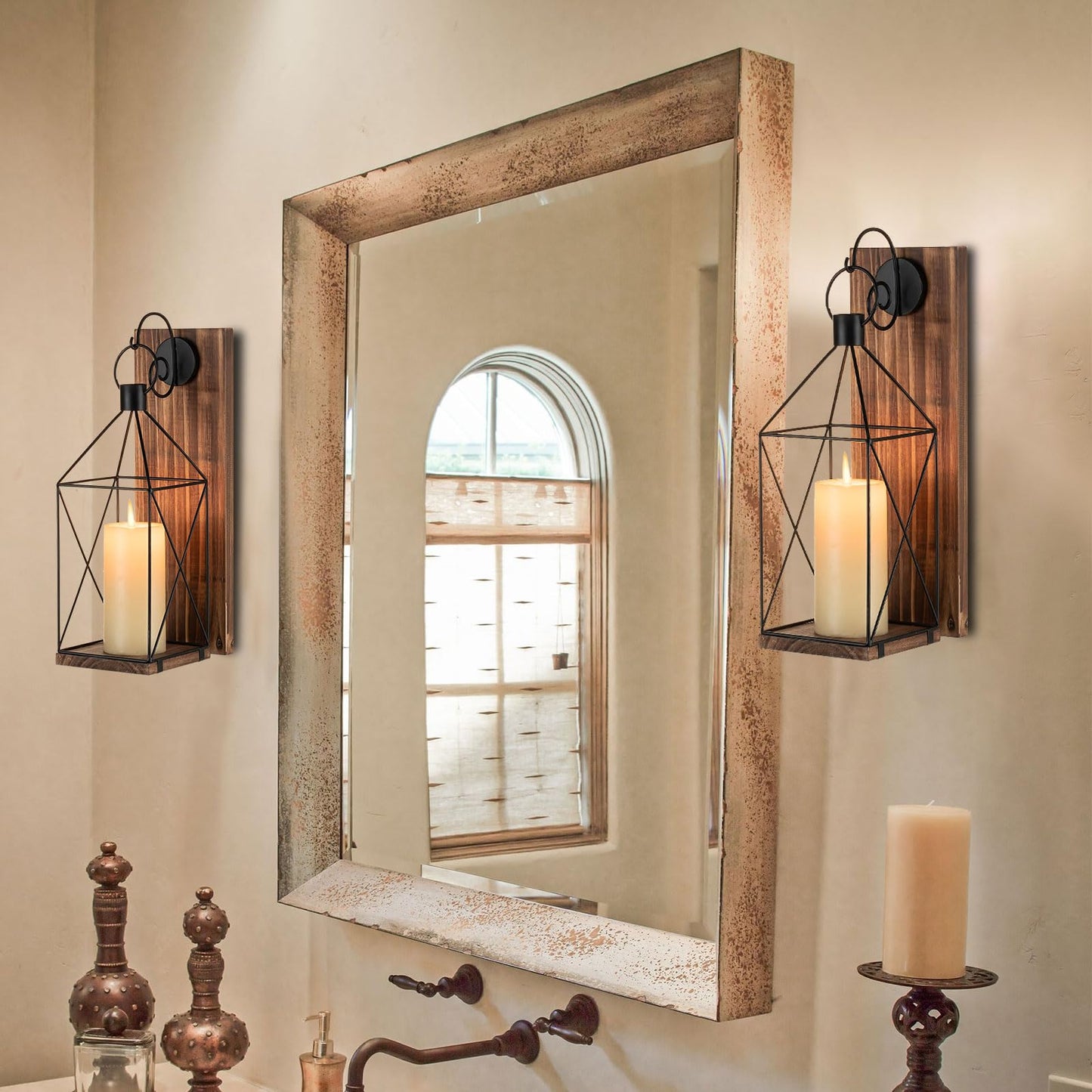 Staymoment Candle Sconces Wall Decor: Set of 2 Farmhouse Wood Candle Holder Indoor Black Metal Lantern Decorations for Living Room Front Porch Yard