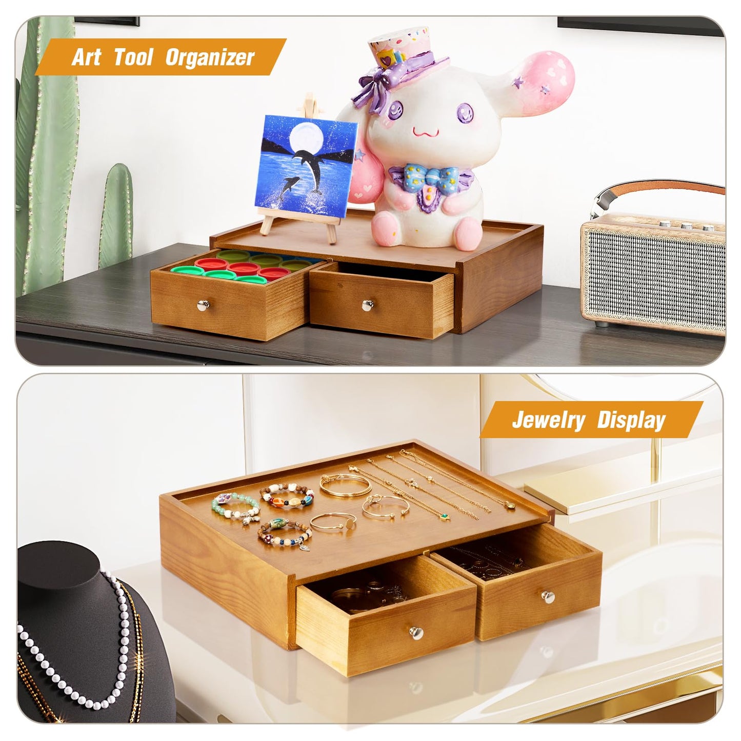 Inlisy 15.8"L X 11.8"W X 4"H Wooden K cup Storage, Keurig Stand With Storage, Coffee Pod Holder Organizer, Desktop Kitchen Storage with 2 Drawers, 30/40/60 Pod Capacity, Natural