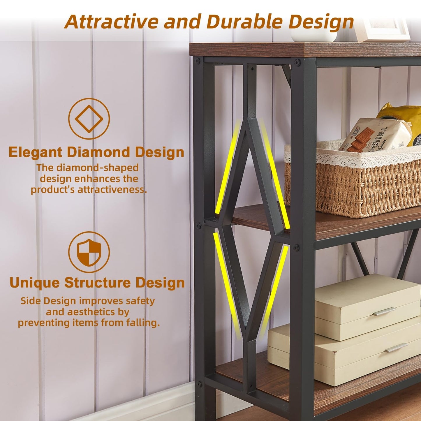 HOMISSUE Sofa Console Table, Rustic Console Table with 3-Tier Storage, Engineered Wood Sofa Tables with Open Shelves, Heavy Duty Entryway Tables for Living Room, Hallway (47 Inch, Rustic Brown)
