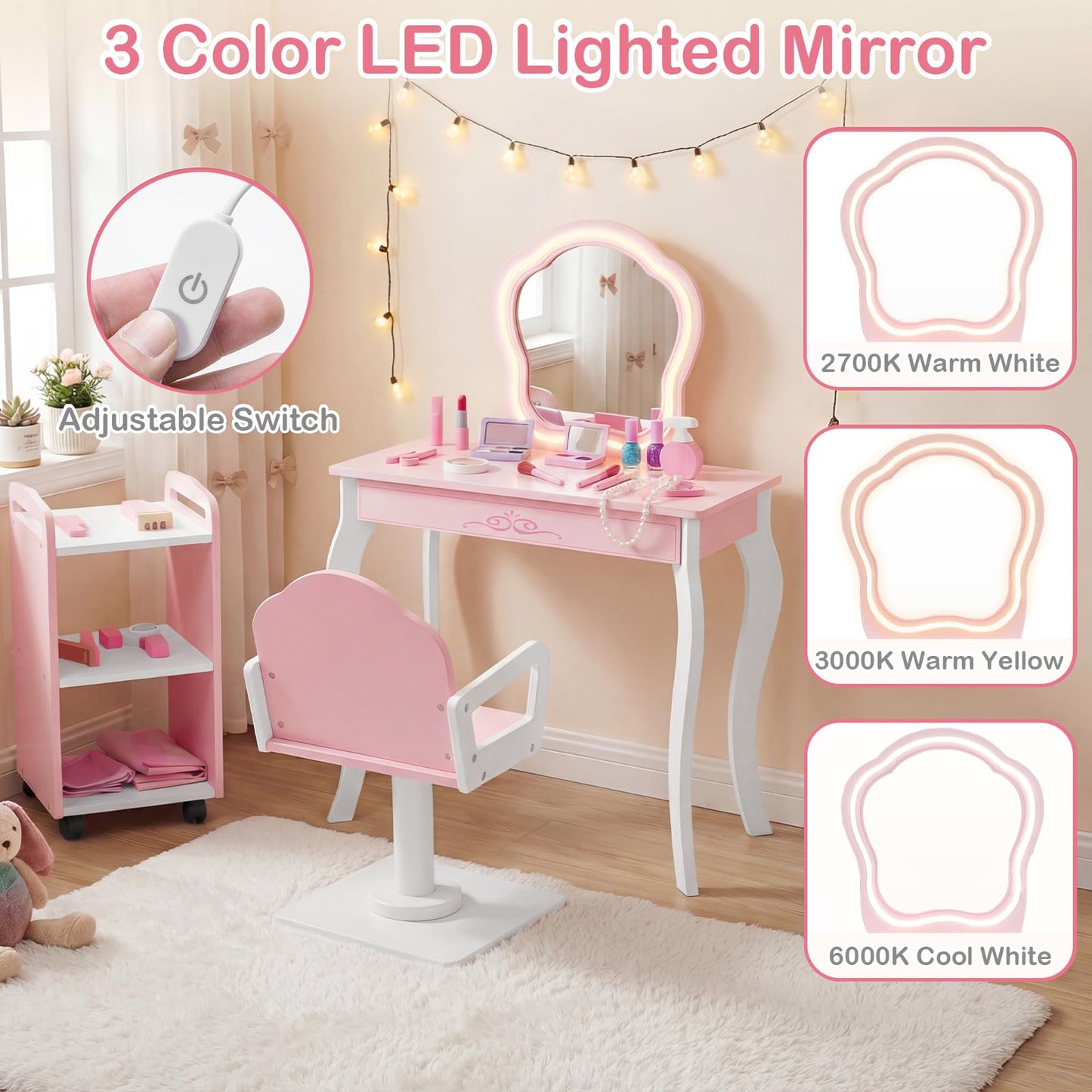 Olakids Kids Vanity with Lights and Barber Chair, Wooden Princess Makeup Dressing Desk with Mirror, Storage Shelf, Toy Accessories, Toddler Table and Chair Set Pretend Playset for Girls Aged 3+