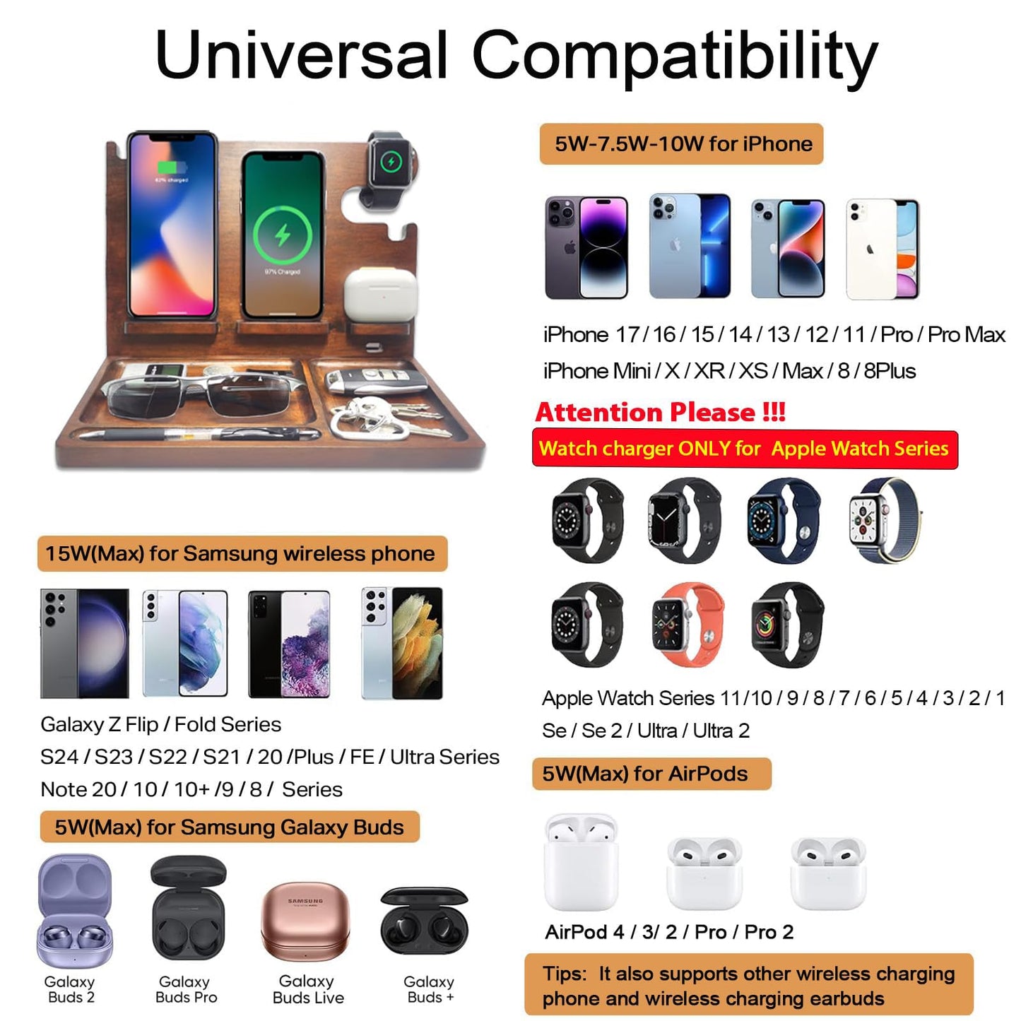 Xunhomon Wood Phone Docking Station Nightstand Organizer for Men 27W 2 Phone Wireless Charging Station with 4 Wireless Charger Stand for iPhone Apple Watch AirPod Mens Birthday Gift Ideas Key Holder