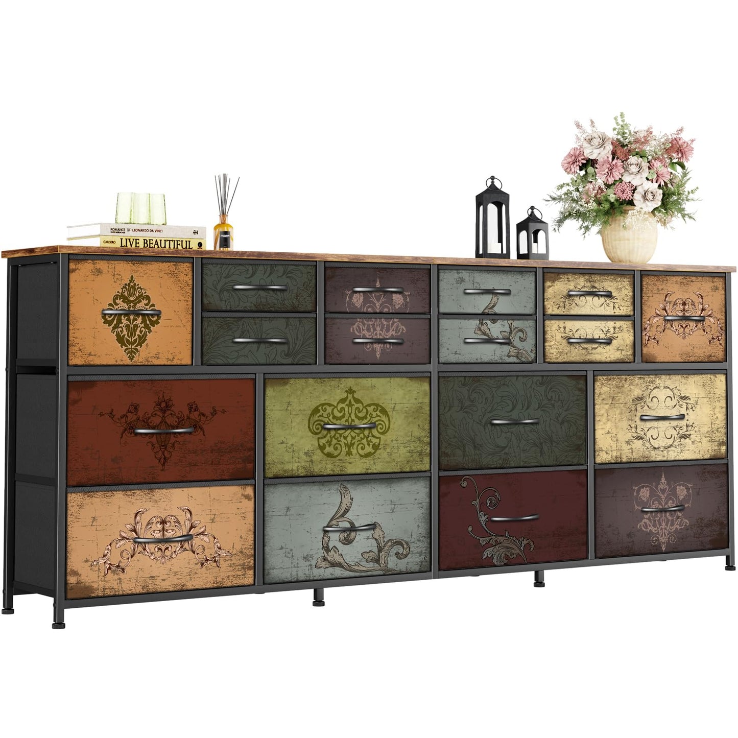 VASICAR 74.8" W Dresser for Bedroom, Wide TV Stand for 65, 75, 80 inch TV, Long Fabric Dresser with 18 Deep Drawers, Large Storage Organizer Cabinet, Wood-top Chest of Drawers (Pattern)