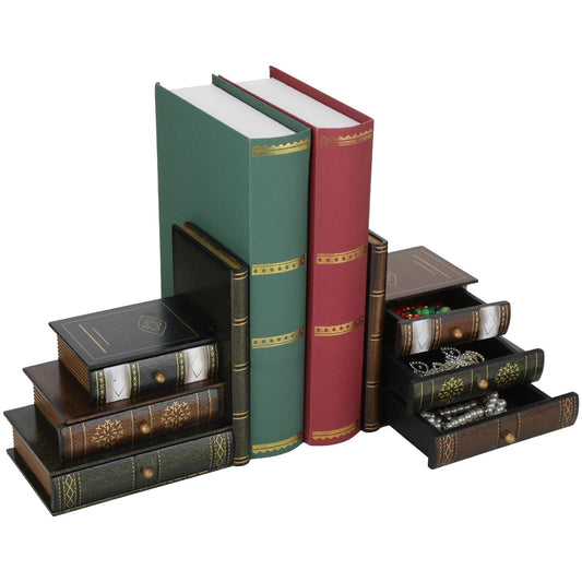 Vintage Wooden Bookends with Drawers, Decorative Faux Book Holder Stands, Rustic Desk Hidden Storage Bookends, Retro Shelf Organizer for Home, Library, Café, Study Room