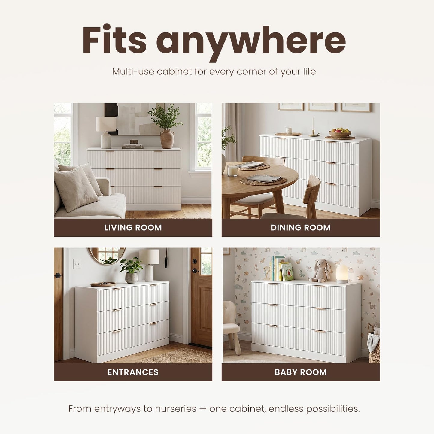 MALOL Modern Fluted 6 Drawer Dresser, Wide Wooden Storage Cabinet with Metal Handles, Silent Glide Drawers, Anti-Tip Chest for Bedroom, Living Room, White, 47 Inch