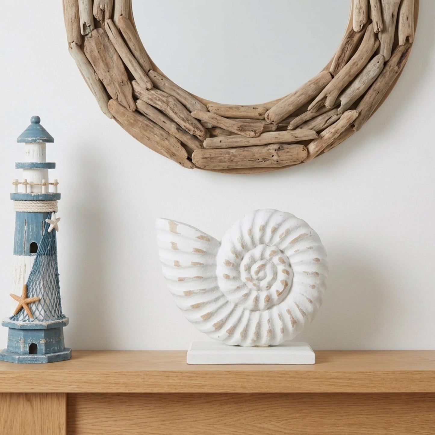 The Bridge Collection Whitewashed Wooden Seashell Figurine (Nautilus Shell)