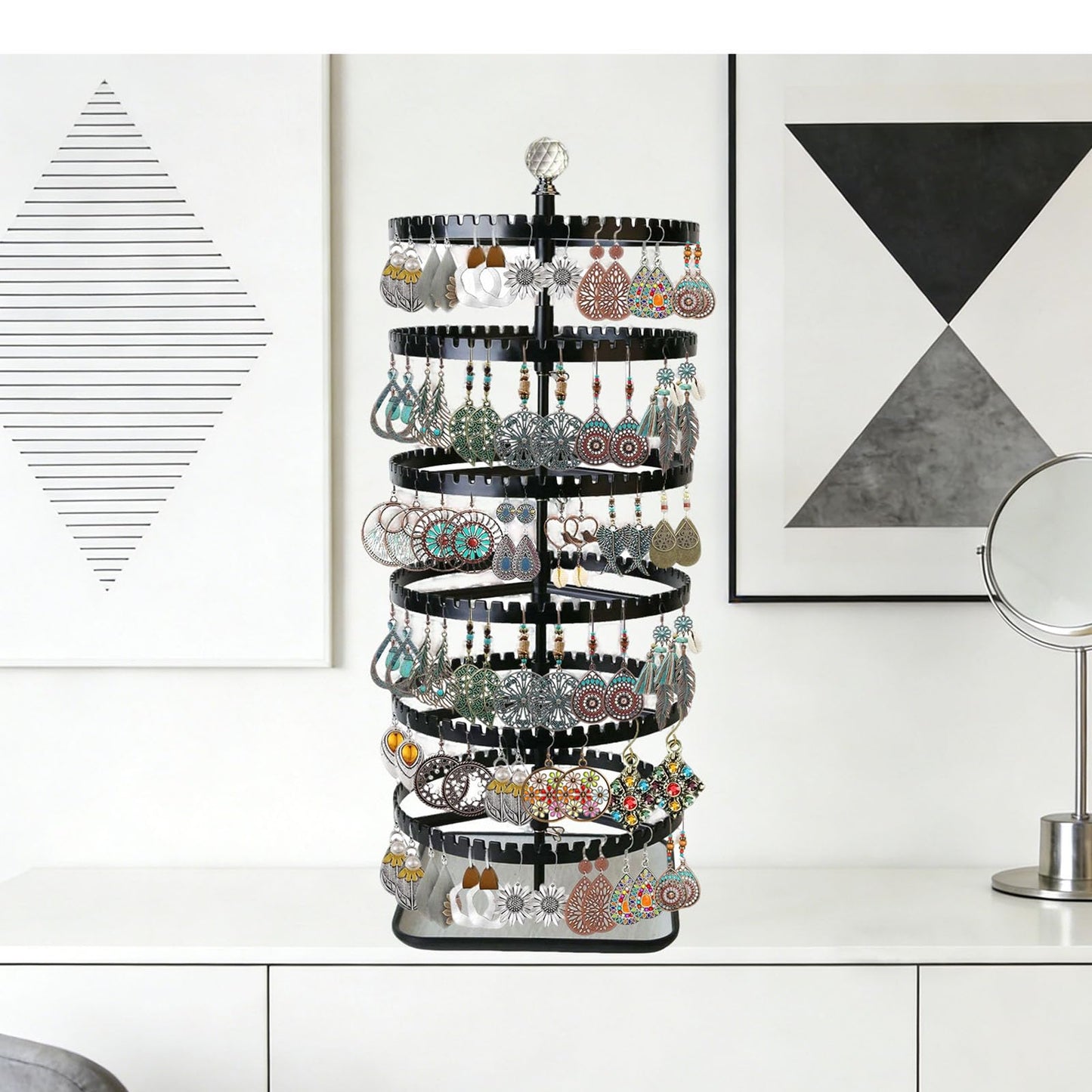 Raymorium IDavosic.ly 6-layer rotating earring holder storage rack, adjustable plastic pendant display stand with 348 grooves on the tree strap, large circular storage tower, black