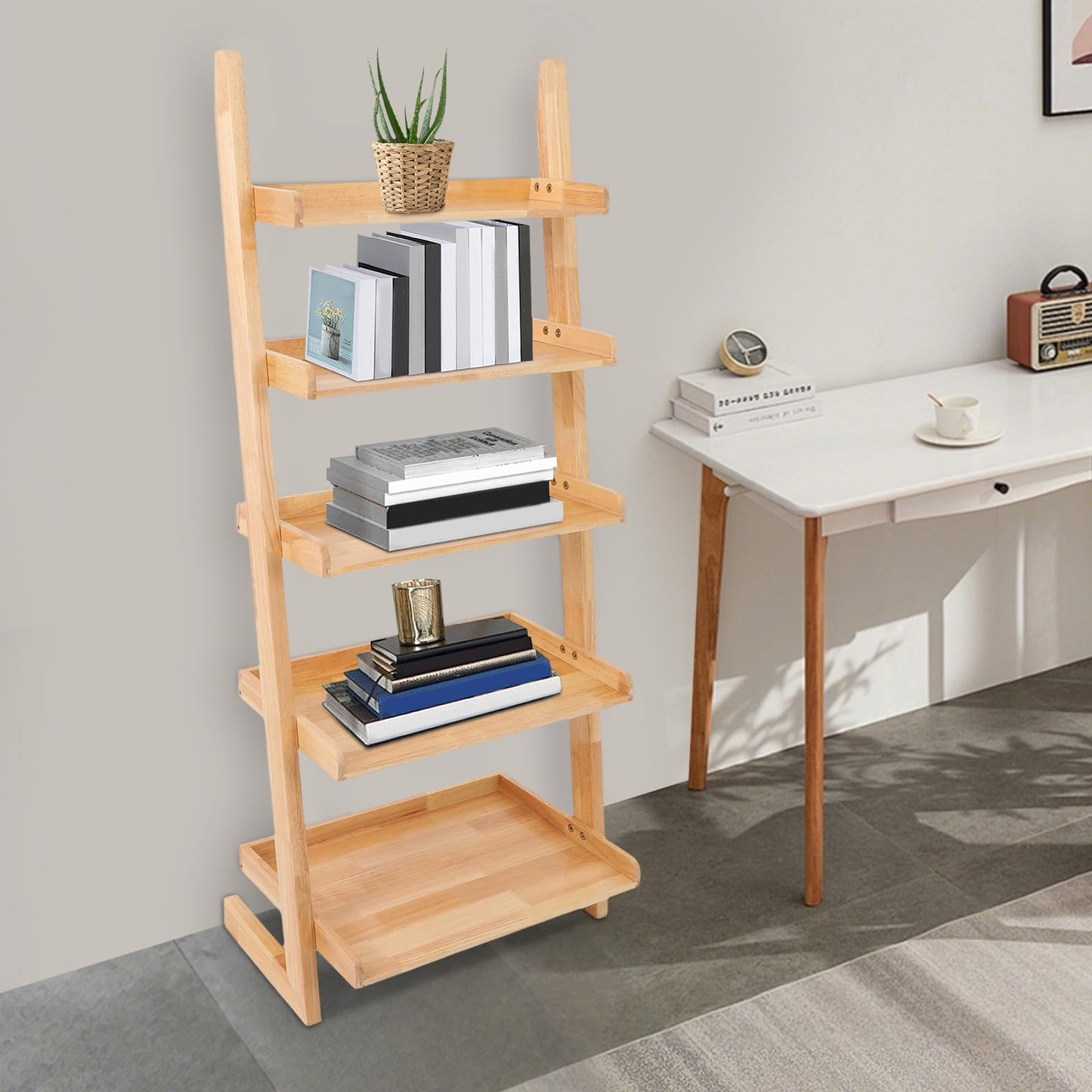 awolsrgiop Ladder Bookshelf, 5 Tier Leaning Bookshelf Leaning Ladder Shelf with Stable Structure Rustic Style Ladder Shelves Storage Rack for Living Rooms, Bedrooms, Study Rooms (Wood Color)