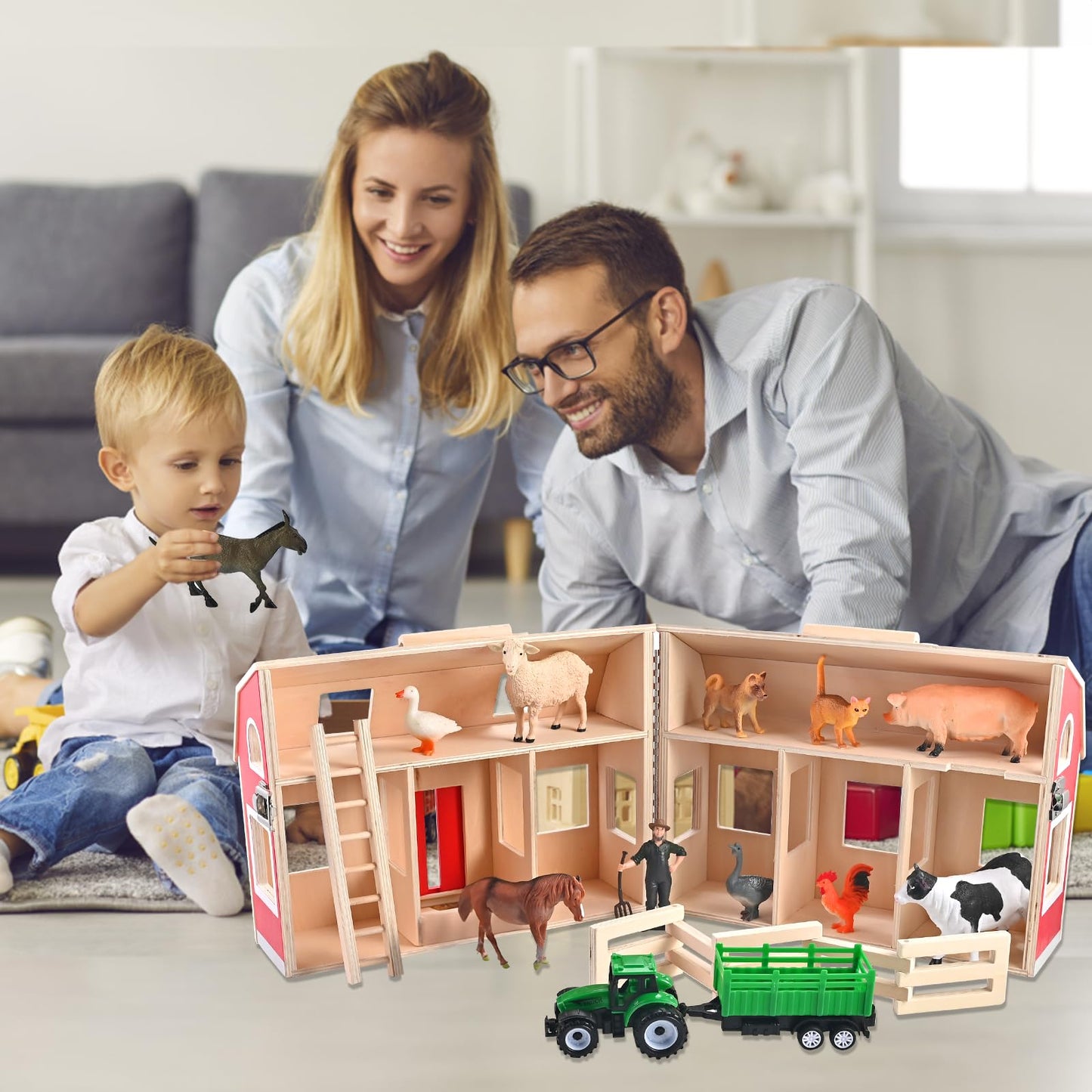 WoodTrove Wooden Barn Toys, Play Barn with 12 Animal Play Figures for 3+ Years Old, Toy Barn and Farm Animals，Wooden Barn Playset for Christmas Birthday Gift for Boys Girls