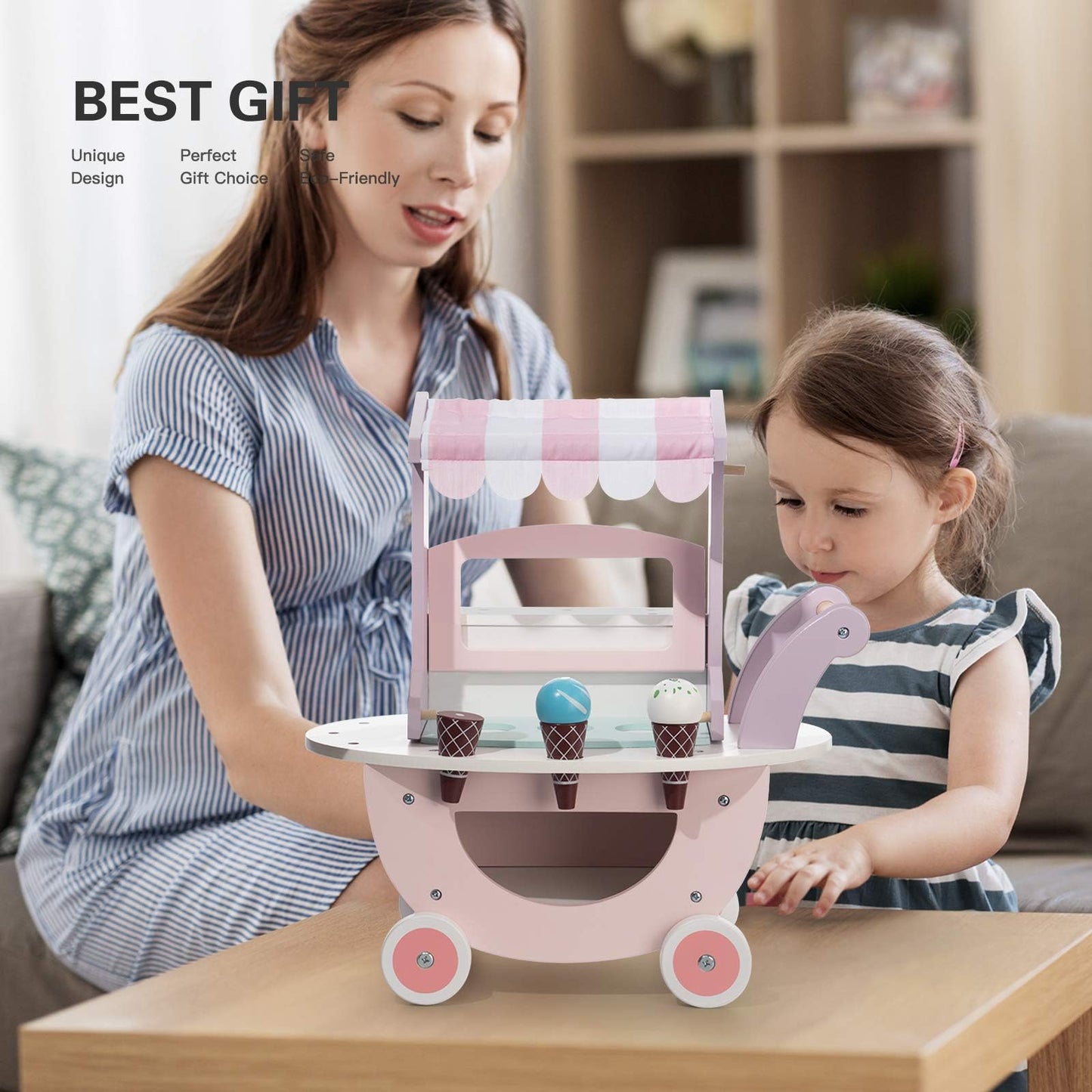 ROBUD Wooden Ice Cream Cart Toys for Kids, Toddlers Pretend Play Food Truck, Gift for Girls and Boys 3 Years & Up, Pink
