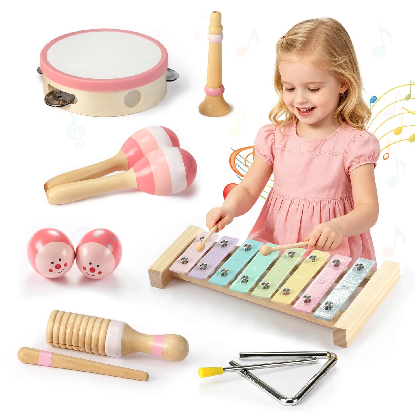 JOLLITO 9-Piece Kids Musical Instrument Set, Wooden Montessori Percussion Toys for Toddlers 1-3, Macaron Pastel Colors Xylophone Tambourine Maracas with Storage Bag, Preschool Educational Gift