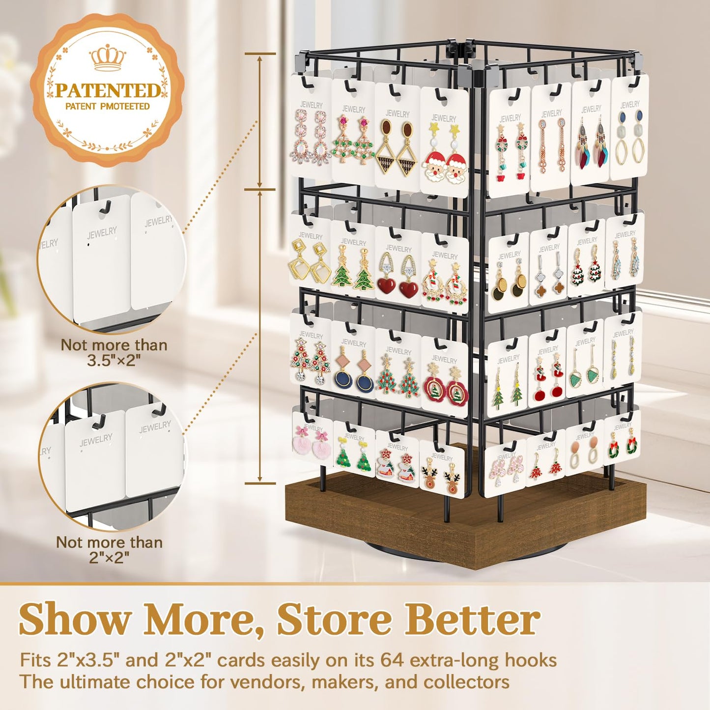 MODOWEY 360 Rotating Earring Cards Organizer Holder Stands for Selling Vendors, 64 Hooks Jewelry Display Tree, Large Capacity Storage Wood Rack Tower Women Dresser Stud Pierced, Brown