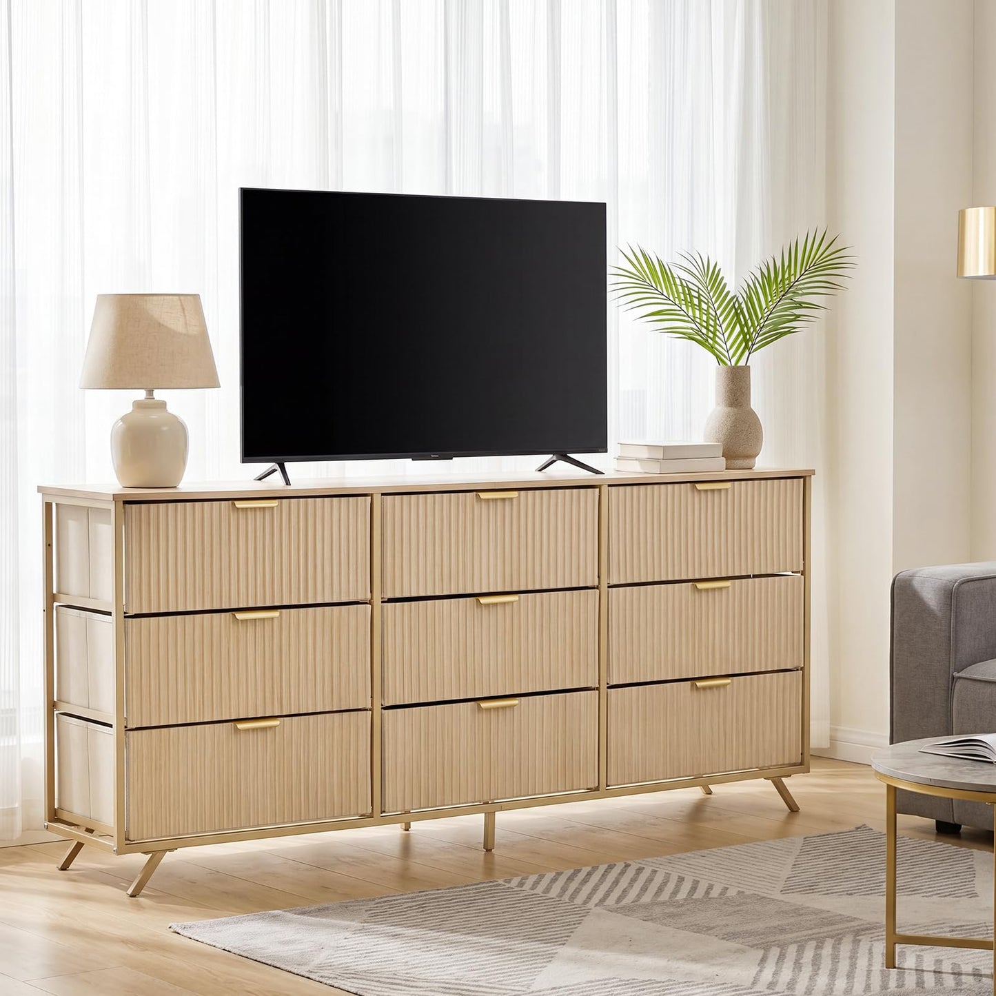 DUMOS Fabric Fluted Dresser, Modern Chest of 9 Fabric Drawers for Bedroom, Large Dressers with Metal Frame & Wooden Top, Storage Organizer Closet for Living Room, Entryway, Natural Oak