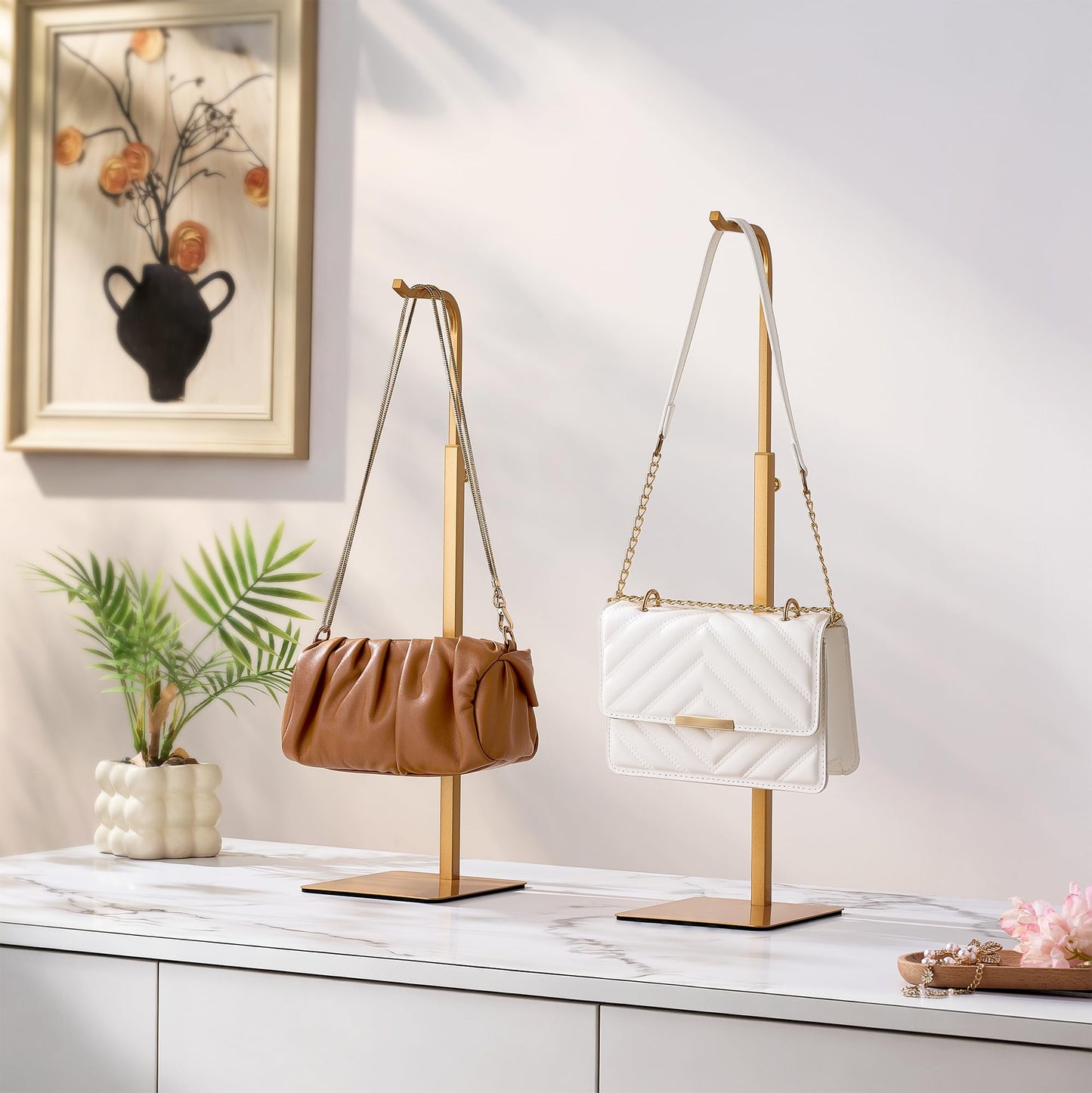 niffgaff 4 Pack Adjustable Purse Holder: Handbag Display Stand, Hanger Rack for Bags, Purses and Wreaths, Tabletop Closet Desk Retail Vendor Display Stand, Gold