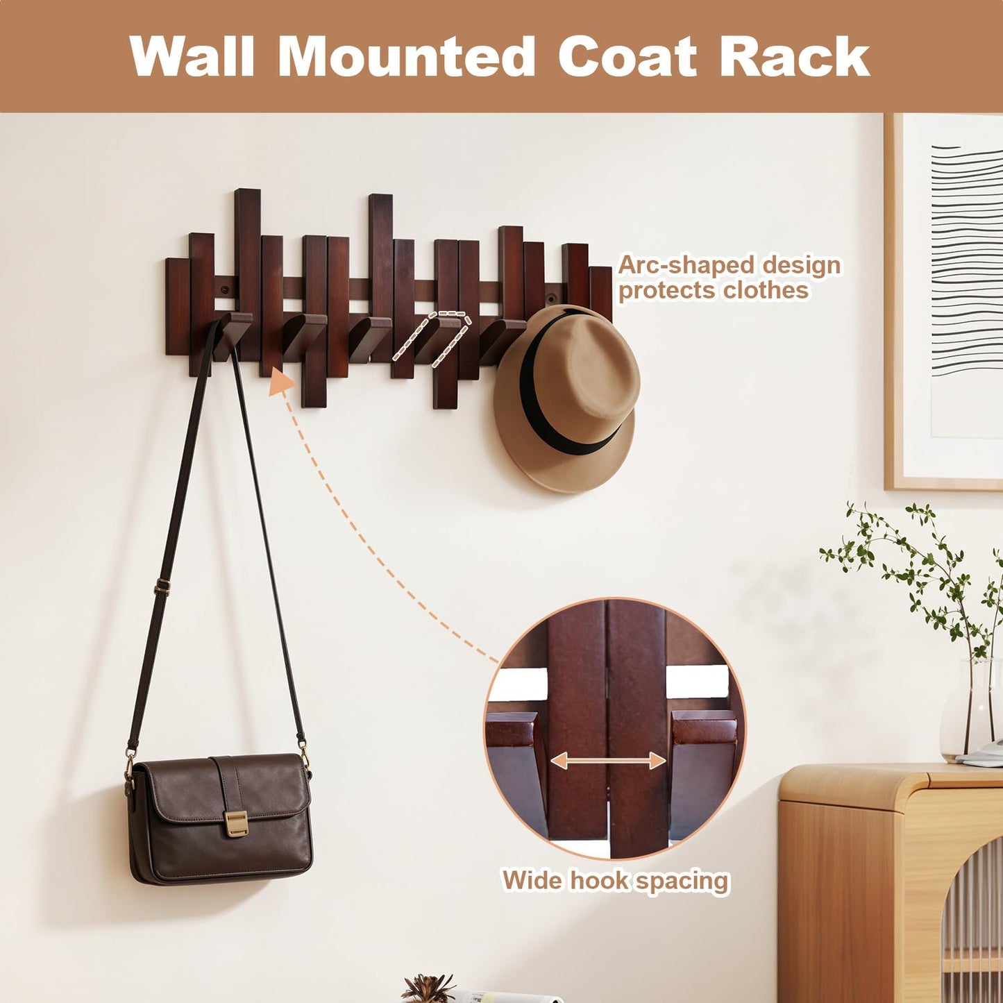 Coat Rack Wall Mount, Coat Hooks Wall Mount, Wall Mounted Coat Rack, Heavy Duty Wall Coat Rack with 6 Hooks, Acacia Wood Piano Coat Rack for Hanging Coats, Keys, Hats, Bags