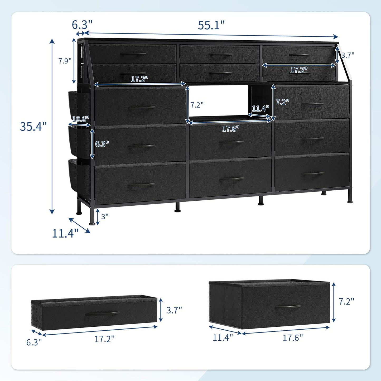 GarveeHome Dresser for Bedroom with 14 Drawers, 55 in W Dresser with Side Pocket, Fabric Dressers & Chests of Drawers with Shelves, Sturdy Frame, Wood Top
