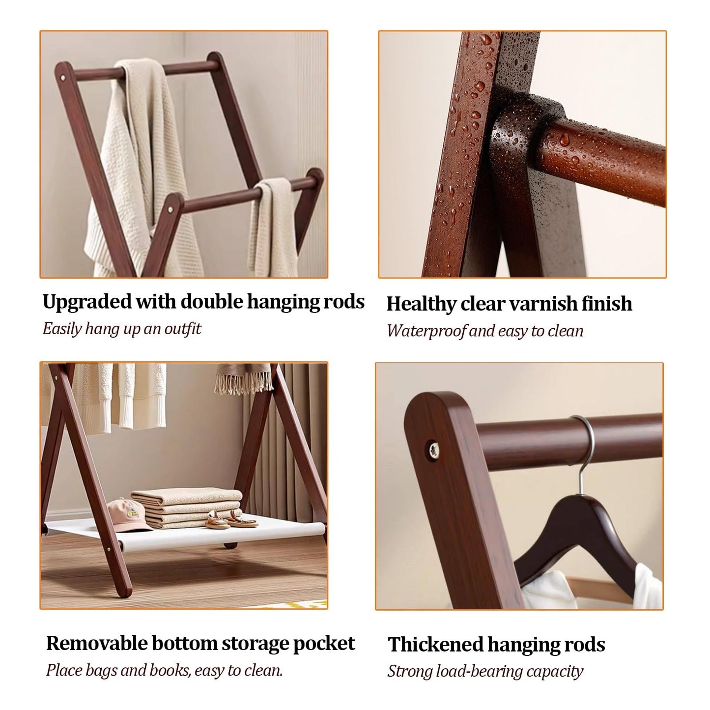Labasuan 2-Tier Wooden Towel Rack, Foldable Blanket Ladder with Fabric Shelves, Portable Garment Coat Rack for Entryway,Bedroom, Living Room, Bathroom(Natural,40cm/15.7in)