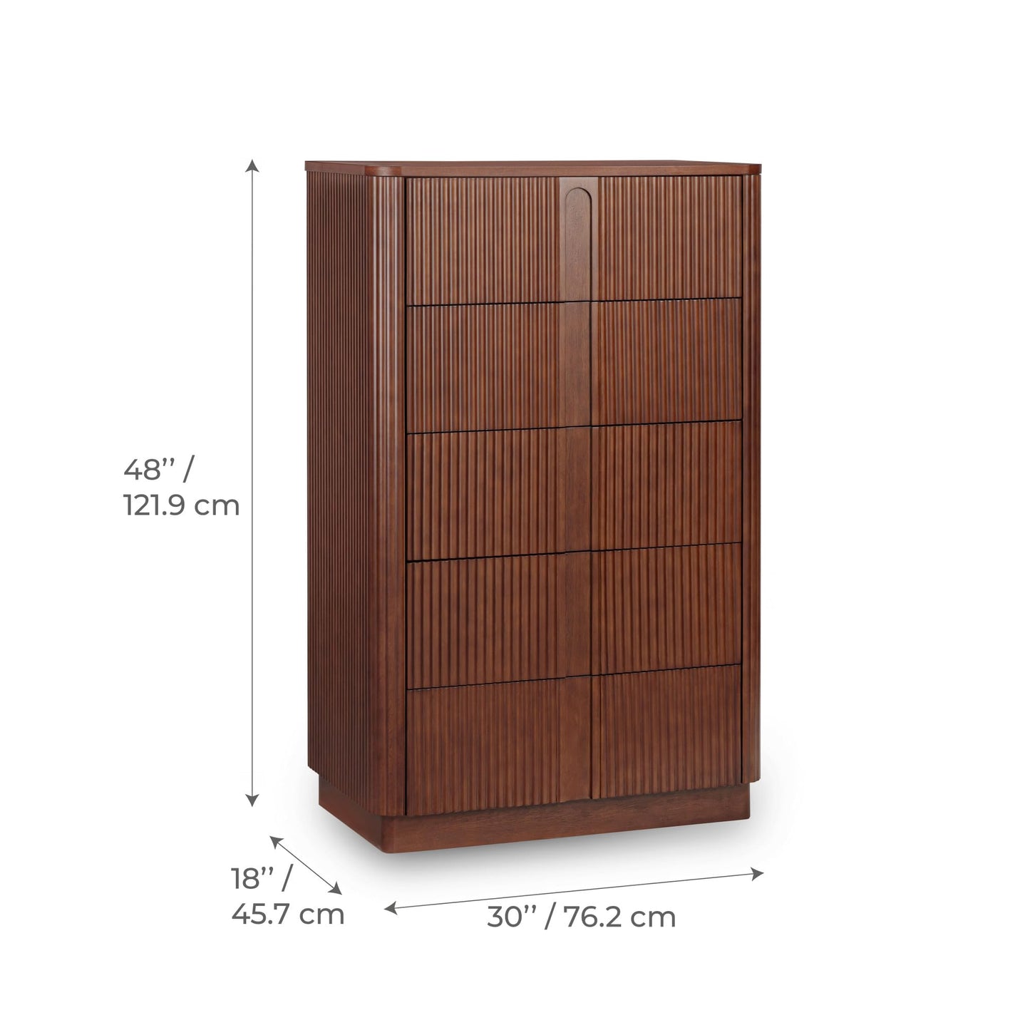 Teamson Home 30'' W Large Storage 5-Drawer Dresser Push to Open Modern Scandinavian with Rounded Edges and Reeding Pattern Bedroom Furniture Clothing Chest in Warm Walnut Finish