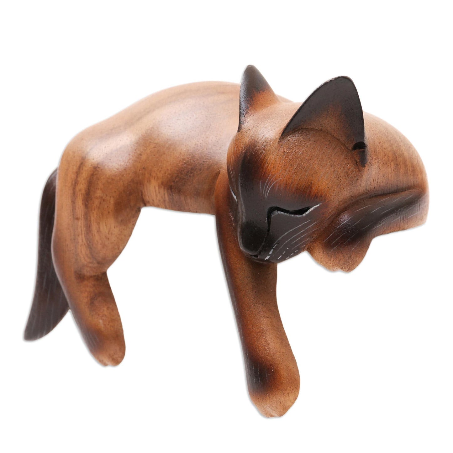 NOVICA Artisan Handmade Wood Statuette Sleeping Siamese Suar Cat Brown Indonesia Sculpture Painted [4.3in H x 6in W x 3.5in D] ' Sleeping Feline'