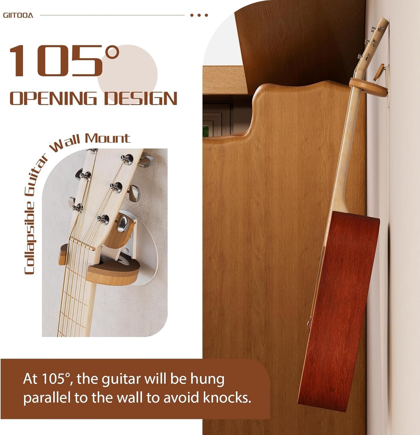 BURNING&LIN Guitar Wall Mount Collapsible Hanger with Solid Wood, Cork Original Design Space Saving Mount Holder Hook Stand Wall for Acoustic, Banjo, Bass, Ukulele for Guitar Player