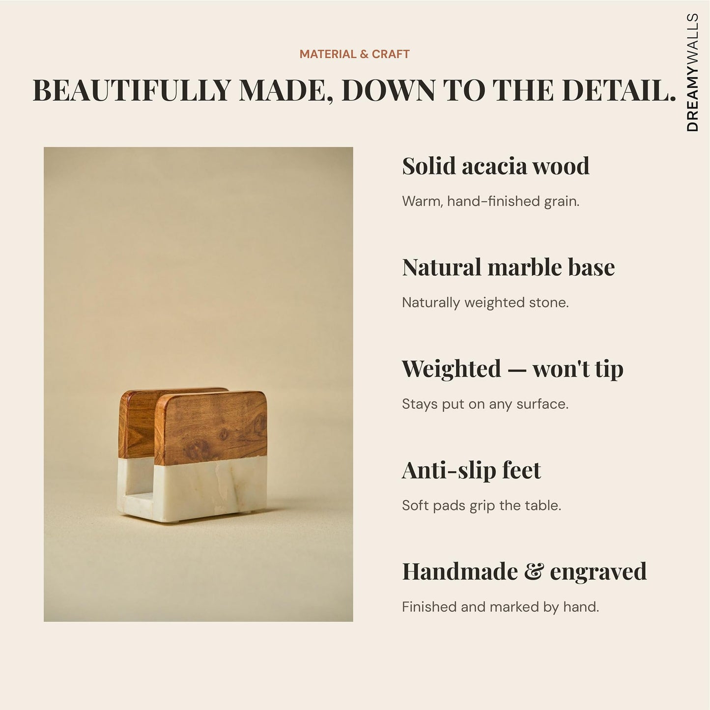 Dreamy Walls 5.5” Marble Napkin Holder for Dining Table & Kitchen Counter | Modern, Upright, Acacia Wood & Marble Napkin Dispenser & Stand | Cocktail, Party, Countertop Use | Handmade in India