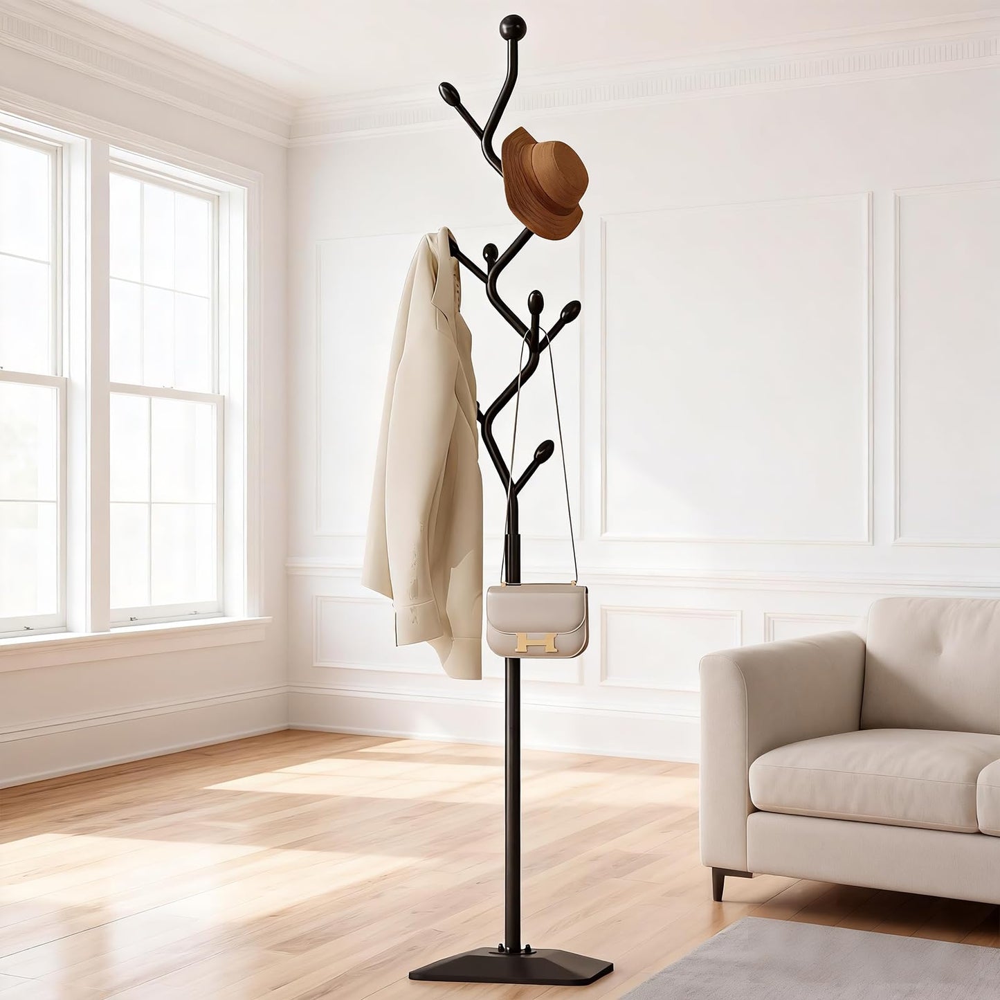ZEYEXE Tree-shaped coat rack,Coat Tree Freestanding with 8 Hooks and Sturdy Metal Base for Coat Hats Purses,Coat Stand for Entryway,Bedroom