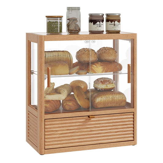 TIMBERKNOWS Solid Wood Bread Box,Double Layer Large Bread Box for Kitchen Counter,Large Capacity Wooden Bread Storage Container,Keep Bread, Bagels and Rolls Fresh, Retro Brown