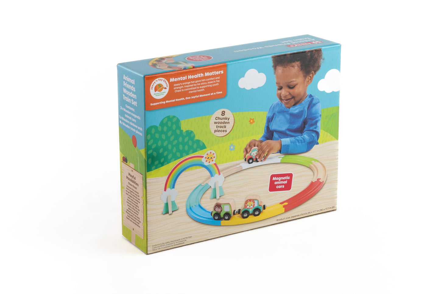 Jasey's Toy Chest Animal Friends Wooden Train Set | 12-Piece Set with Animal Cars, Rainbow Arch and Interlocking Track Pieces | Compatible with Other Wooden Train Sets | for Toddlers Ages 12+ Months
