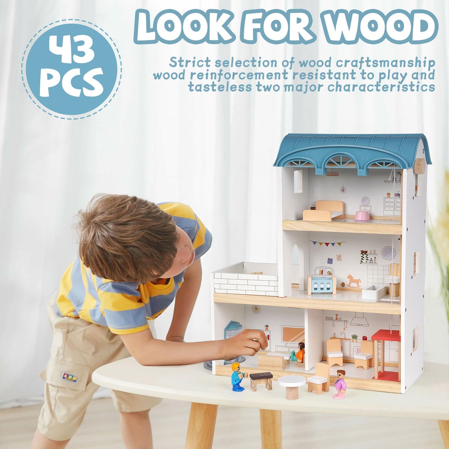 Wooden Dollhouse for Kids, 3-Story Wood Doll House Playset with Furniture, Accessories & 3 Toy Figures, DIY Pretend Play House for Toddlers, Girls & Boys, Miniature Dollhouse with Balcony Gift