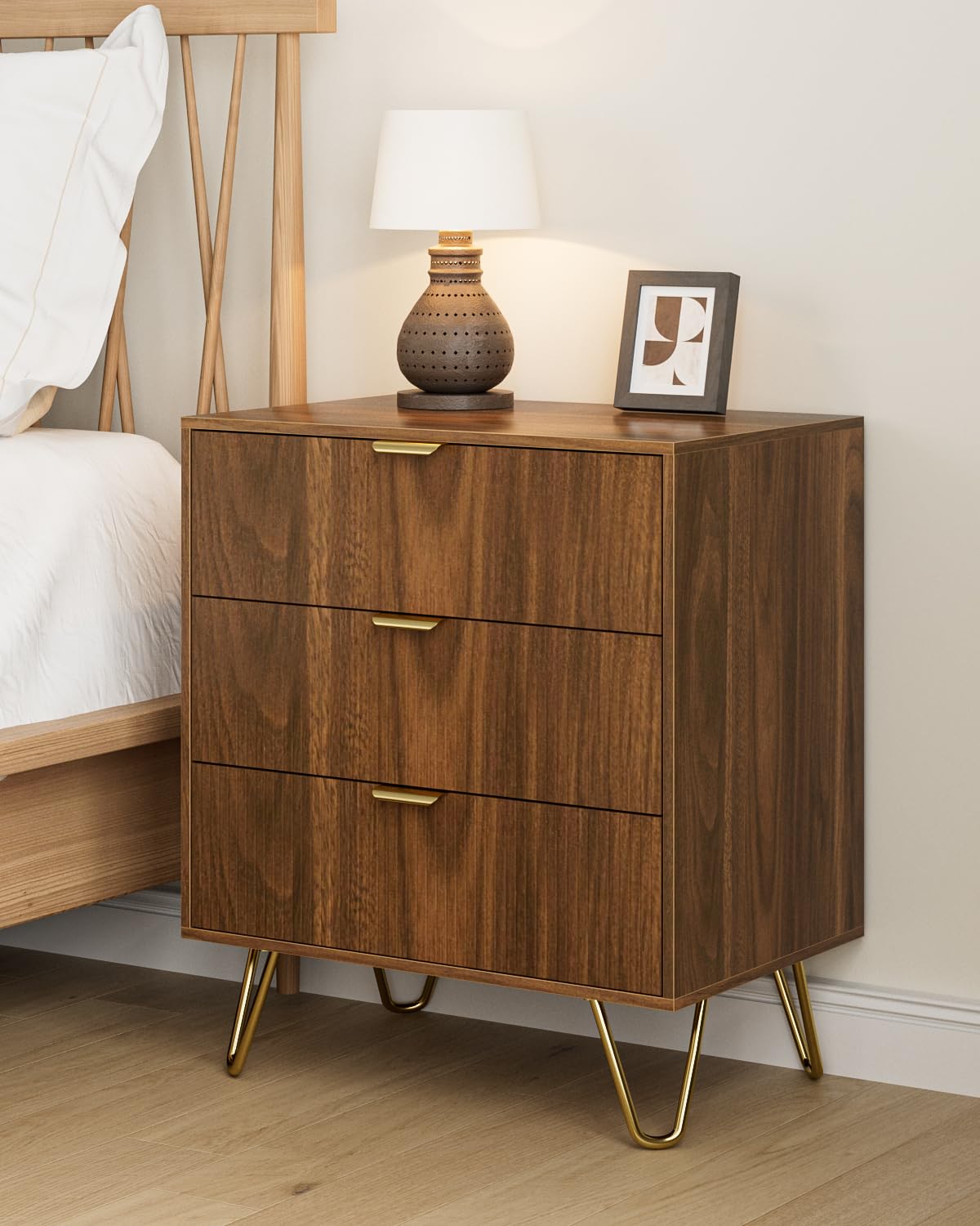 AEPOALUA Walnut Dresser for Bedroom, Modern Fluted 3 Drawer Dresser with Storage, Dresser Chest of Drawers with Gold Handles for Bedroom, Living Room, Closet, Hallway, 15.8" D x 23.6" W x 27.6" H