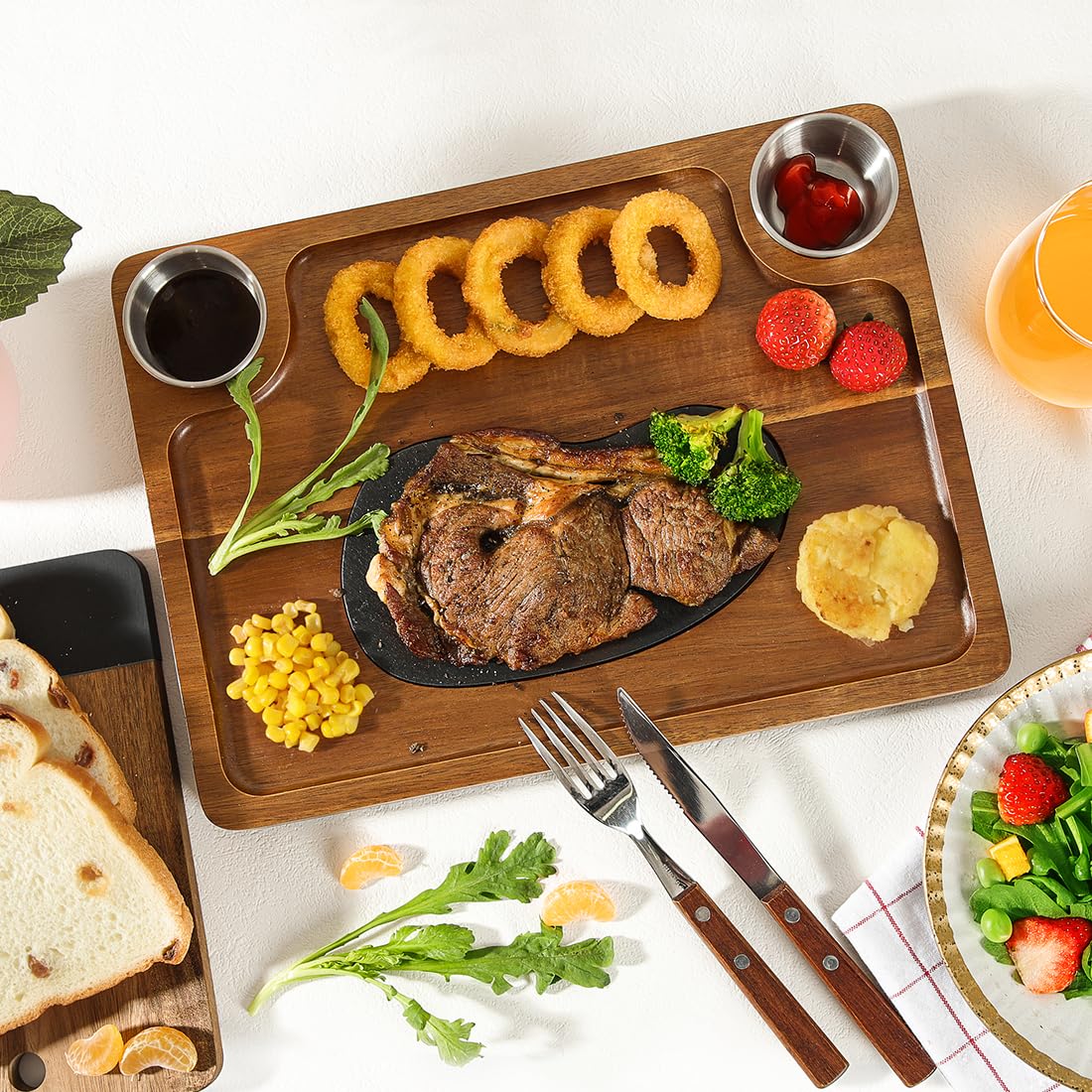 HALE OTEIR Acacia Wood Steak Plates - Steak Plate Cutting Board 2 Sauce Cups for Meat Cheese Appetizers, Wood Serving Board, Charcuterie Board Platter Perfect for Housewarming, Christmas, Mother's Day