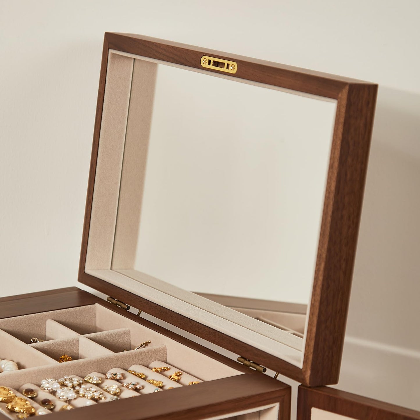 Homruilink Black Walnut Wooden Jewelry Box, Wood Jewelry Organizer with 2 Side Doors Mirror Lockable Classical Style for Watch Necklace Ring Earring Storage Fathers Day Gift-5 Layer