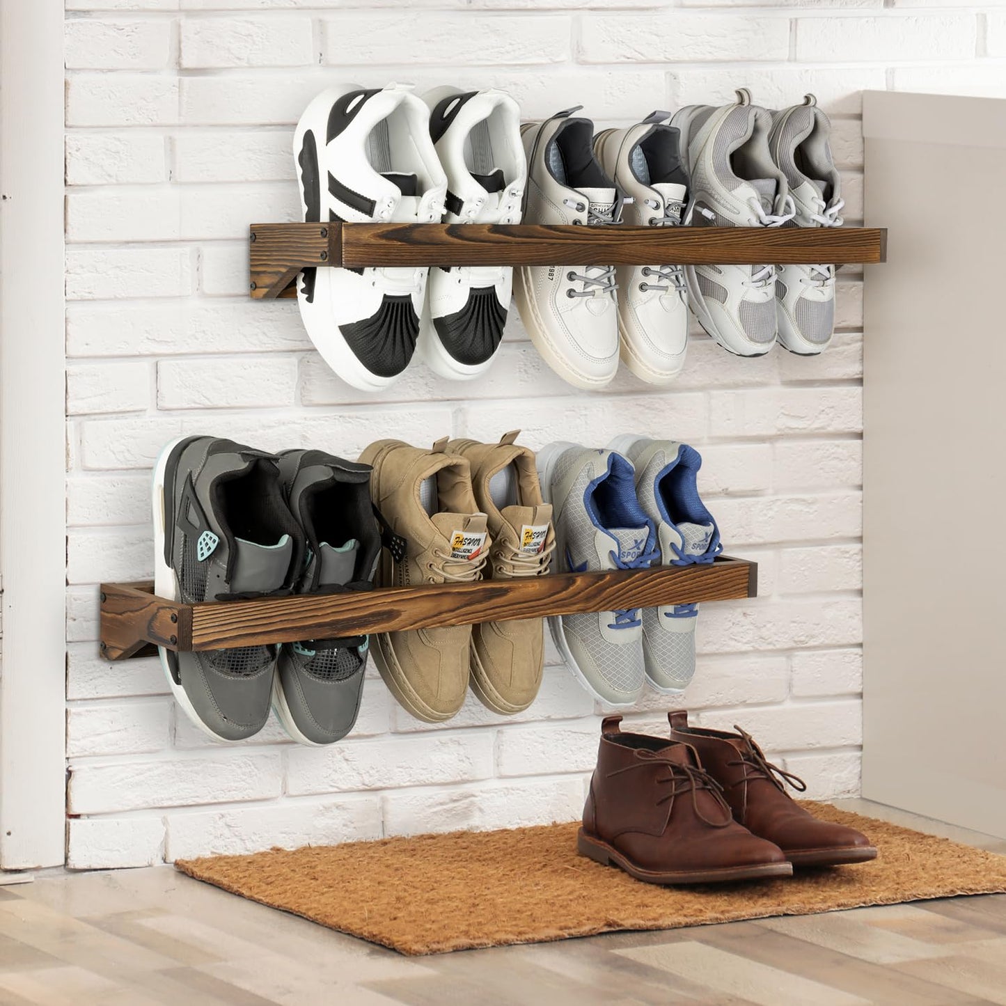 MyGift 30 Inch Rustic Burnt Solid Wood Hanging Shoe Rack, Set of 4 Wall Mounted Storage Organizer Footwear Holder for Closet, Mudroom, Entryway, Holds 12 Pairs