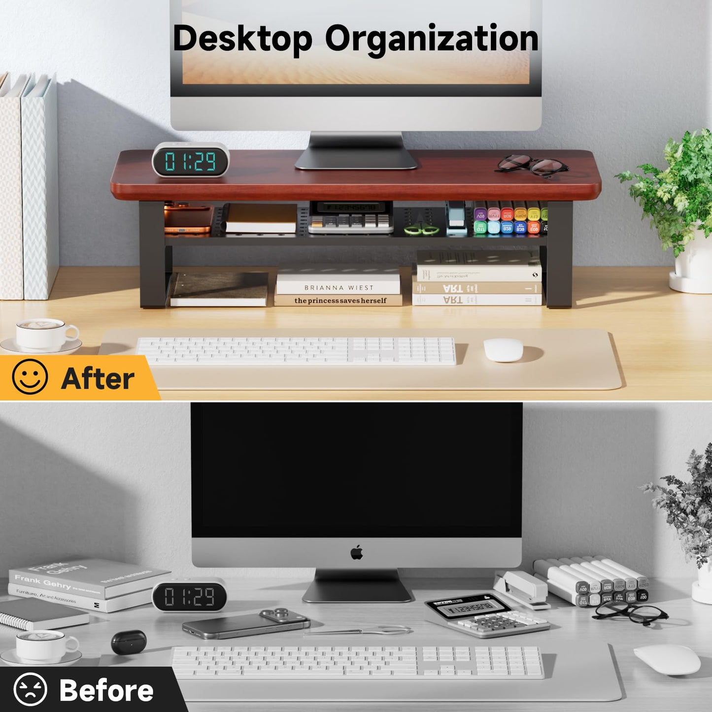 NestNeat Monitor Stand Riser, 24 Inch Computer Monitor Stand for Desk, 2-Tier Wood Desk Shelf Organizer with Storage, Desktop Stand for Laptop/Screen/PC/Printer, Ergonomic Home Office Monitor Stand