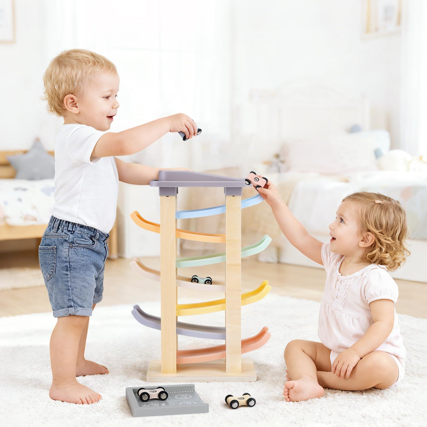 Joyreal Montessori Toddler Toys for 1 2 3 Year Old - 7 Level Wooden Car Ramp Racer Toys with 8 Mini Cars & 2 Garages - Christmas Birthday Gifts for 1-2 Year Old Boys and Girls