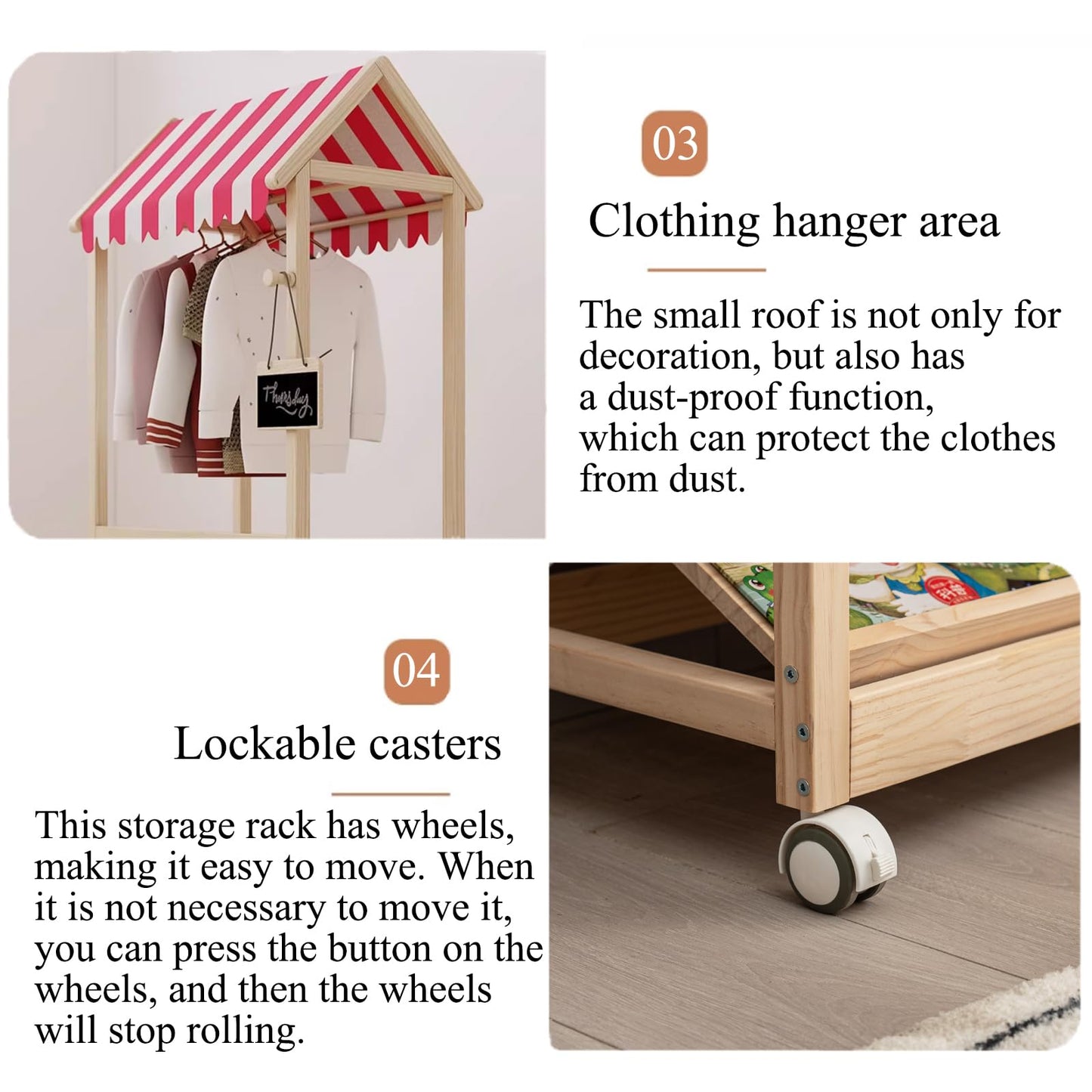 HaoGZMZFCL 3 Tier Wood Storage Rack with Lockable Casters for Easy Movement for Living Room Bed Room Wooden Storage Shelf Bookshelf Coat Rack for Books Toys Clothes, a Rod (Red & White roof)