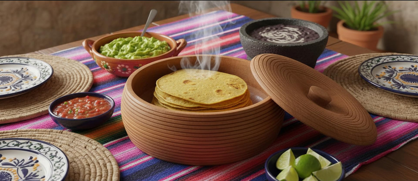 Handcrafted Wooden Mexican Tortilla Warmer Basket Indian Chapati Roti Bread Holder Box Pancake Keeper Serveware Hot Pot Casserole Dish With Lid Home Kitchen Dining Decor, Natural Brown, 9 x 3 Inches