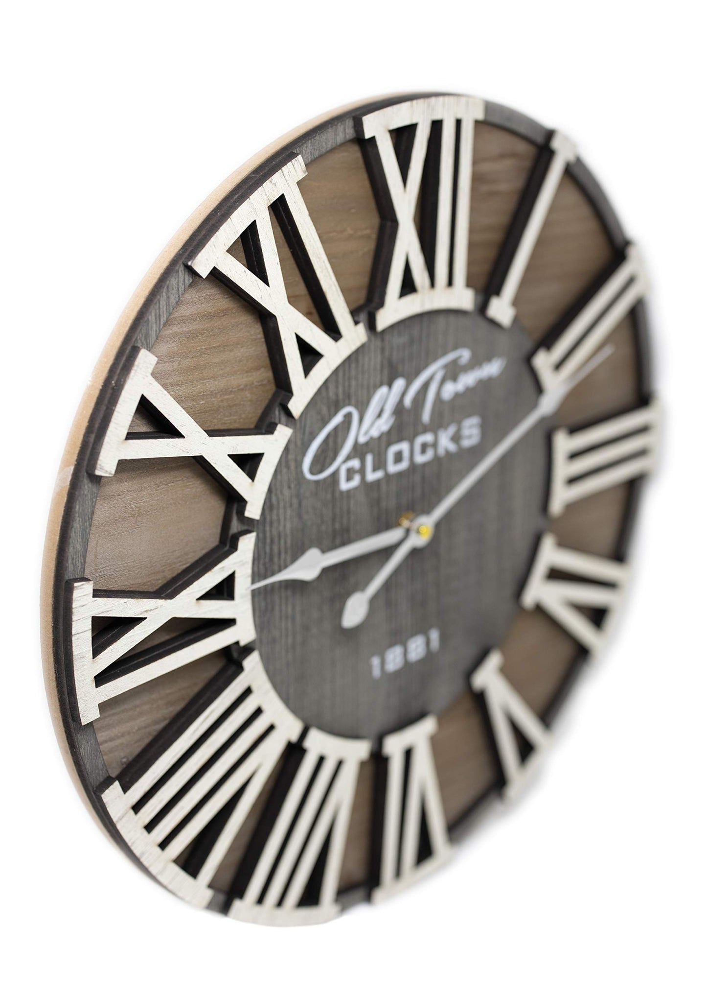 Oldtown Clocks 18" Rustic Farmhouse Wash Out Vintage Roman Wooden Wall Clock Silver Hands (Whitewood Lettering, 18 inch)